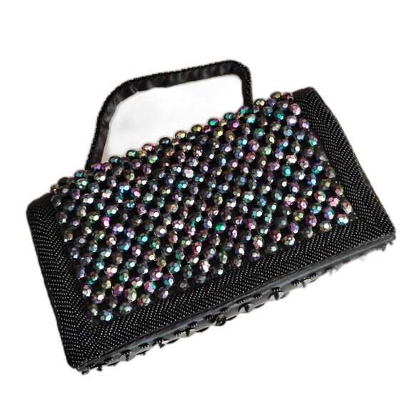 Vintage 50s 60s Hand Beaded Evening Purse Black with Aurora Borealis Bead - Picture 1 of 4
